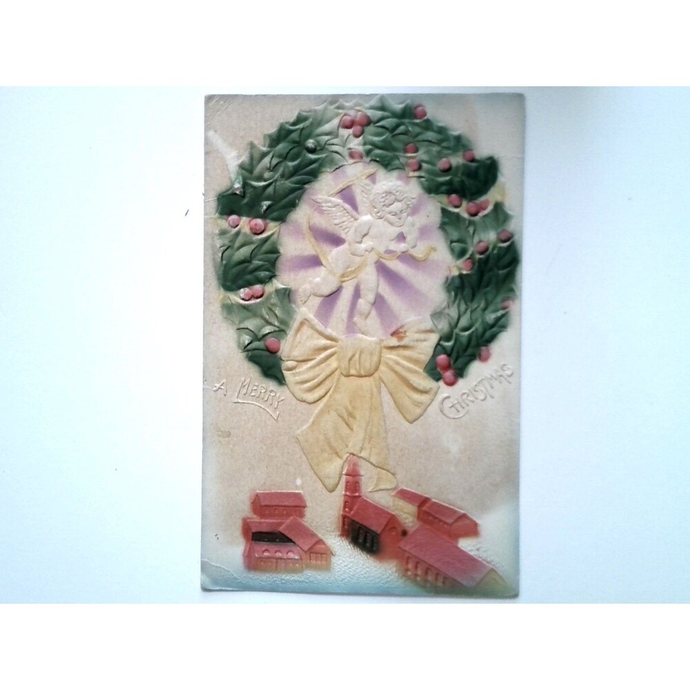 1909 Embossed Christmas Postcard Angel Cherub Holly Wreath Village Edwardian